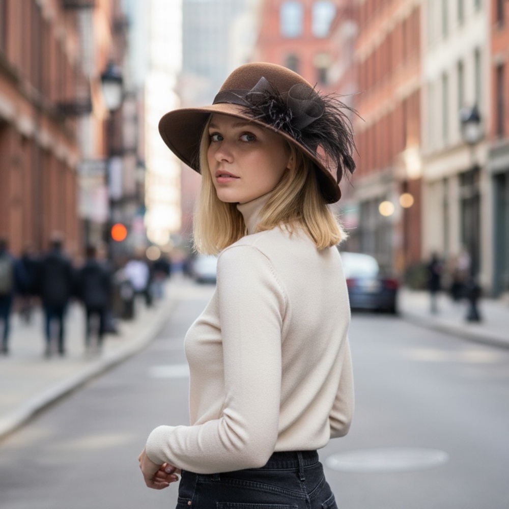 Capelli of New York Elegant Brown Hat with Feather Accent
